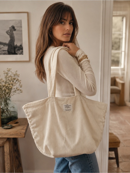 Sezane Handbags - SEZANE Les Composantes Octobre Ecru Corduroy Tote Bag Cream Canvas Lined